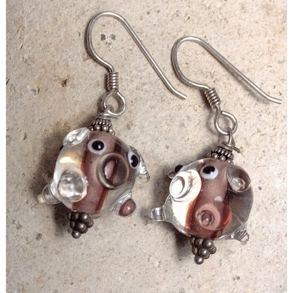 Pig Art Studio Glass Bead Sterling Silver Earrings Artisan